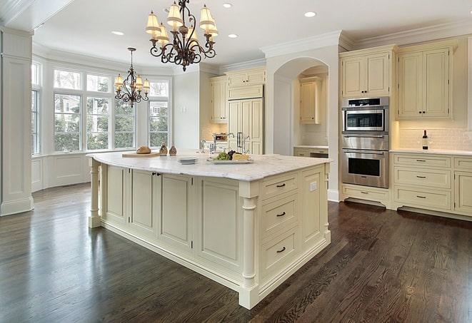 newly installed grey laminate floors in modern kitchen in Lagrange OH